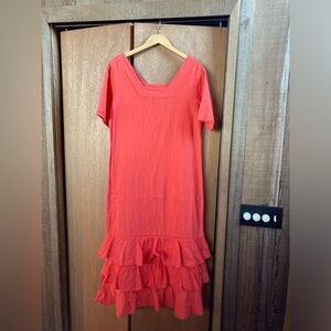 Dunes (Size Small) Orange Cotton Tiered Hem Boho Festival Beach Dress Mexico